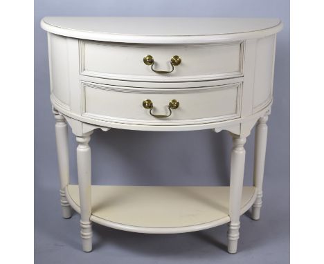 A Laura Ashley Cream Painted Demi Lune Side Table with Two Drawers and Stretcher Shelf, 85cm wide 