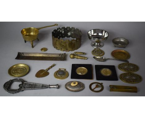 A Collection of Various 19th Century and Later Metalware to include Brass Saucepan Warmer on Tripod Supports (AF) Pewter Salt