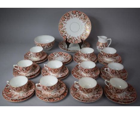 A Imari Pattern Tea Set comprising Twelve Side Plates, Twelve Saucers, Two Cake Plates, Milk, Slop Bowl, Eleven Cups 