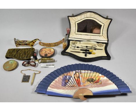 A Collection of Various Dressing Table Sundries to Include Fan, Hat Pins, Powder Compact, Part Manicure set etc 