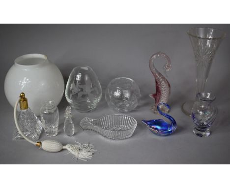 A Collection of Various Glassware to include Royal Scott Crystal Vase, Oil Lamp Shade, Bird Ornaments, Perfume Atomiser Etc 