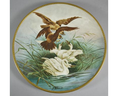 A Large Victorian Wall Hanging Ceramic Plaque, Hand Painted with Eagles Attacking Swans, Signed J Allen 1892. 39cm Diameter 