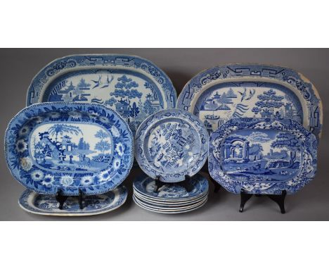 A Collection of Various Blue and White Transfer Printed Meat Plates Etc to include Examples By Spode and Rogers Etc (Some AF)