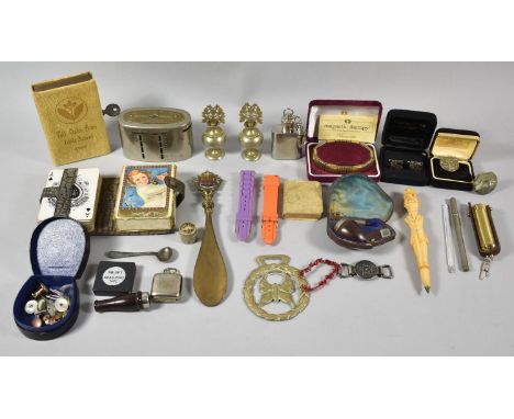 A Collection of Various Curios to Include Cased Part Pipe Set, French Dugall Pen, Shoe Horn, Cufflinks, Money Boxes etc 