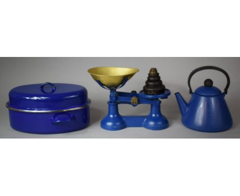 A Set of Blue Painted Scales with Graduated Weights, Kettle and Judge Enamelled Oval Pan together with Lid 