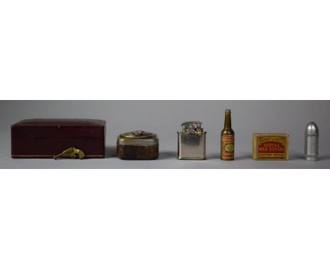 A Collection of Curios to Include Noilly Prat Novelty Bottle Opener, Silver Plate and Leather Traveling Inkwell, Vintage Ligh