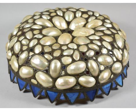 A Large Circular Mother of Peal Shell Ceiling Light Fitting, with Chains, 40cm diameter 