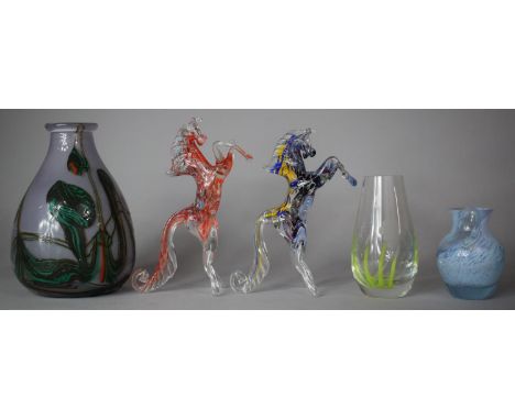 A Collection of Coloured Glass to Include Two Murano Rearing Horse Ornaments, a Karlin Rushbrooke Studio Art Glass Vase Dated