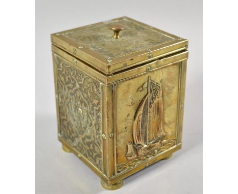 An Edwardian Brass Rectangular Tea Caddy Decorated with Islamic Panels and Fishing Barge, 16cm high 