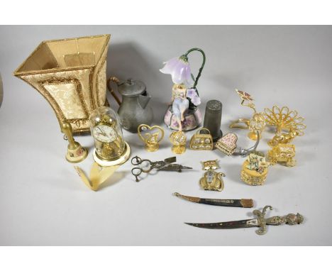 A Tray of Various Decorative Items to Include Fairy Lamp, Pillar Clock, Pewter Pot, Gilt Ornaments etc 