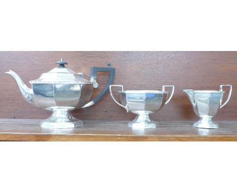 An Art Deco three piece plated tea service, marked Triple Plate 