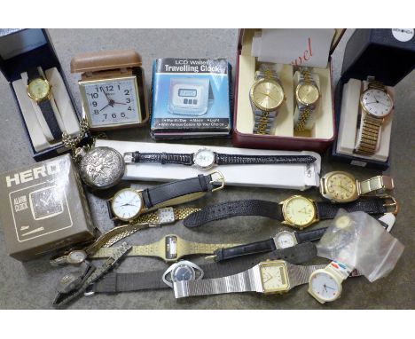 A collection of watches including Sekonda, Rotary and Casio and travel clocks 