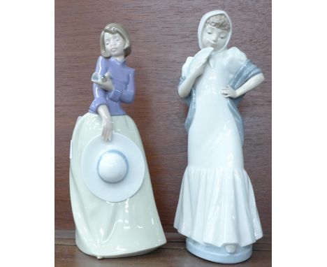 Two Nao by Lladro figurines, Girl With Fan, 28cm high and First Flight, 26cm high 