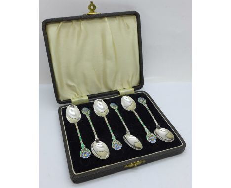 A cased set of six Art Deco enamel spoons, Birmingham 1923 