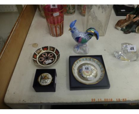 A hand painted Herrend porcelain fishnet rooster, a Halcyon days box, a Crown Derby Imari pattern pin tray and a Royal Worces