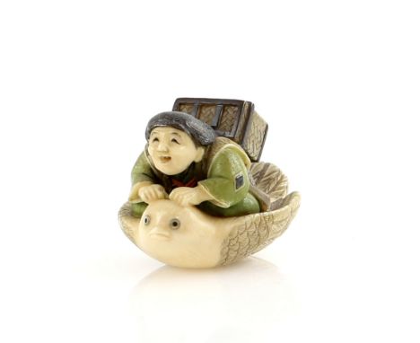 A Yasuaki (Homei) School coloured ivory netsuke, carved as the famous Shitakiri Suzume Story; signed YasuyukiProvenance: The 