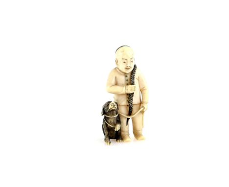 A stained ivory netsuke of a Chinese Boy with a dog, signed Zemin, 20th CenturyProvenance: The Property of a Lady. From a Pri