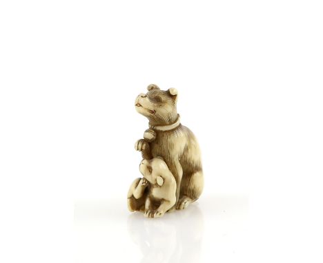 An ivory netsuke of a seated dog beside a puppy, un-signed, 19th CenturyProvenance: The Property of a Lady. From a Private Co