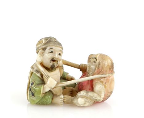 A Yasuaki (Homei) School, coloured netsuke, carved as Daruma neck wrestling with Daikoku, signed KounProvenance: The Property