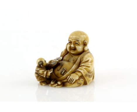 A stained ivory netsuke of Hotei, seated with a boy, un-signedProvenance: The Property of a Lady. From a Private Collection a