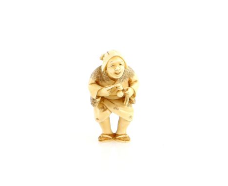 An ivory netsuke of a Shinto pilgrim carrying kagura-suzu, or other percussion bells, signed ShokokuProvenance: The Property 