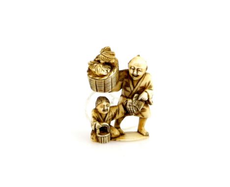 A stained ivory netsuke of a vegetable vendor with his son, 19th CenturyProvenance: The Property of a Lady. From a Private Co