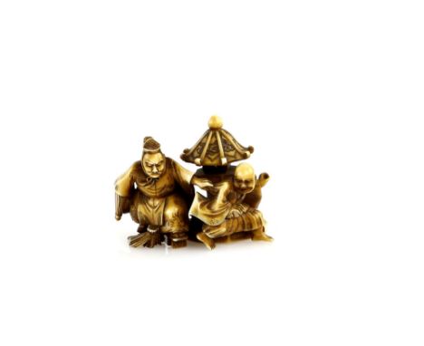 A stained ivory netsuke carved as Taira No Tadamori catching the Oil Thief, 19th or 20th CenturyFor another netsuke telling t