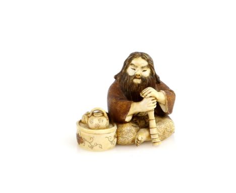 A stained ivory netsuke of an Ainu from Hokkaido seated beside a dobin and two flasks, signed signed Mitsuyoshi, 20th Century