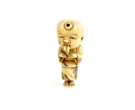 A small stained ivory netsuke carved as a parody of Fukusuke, with his tongue stuck out; 20th CenturyProvenance: The Property