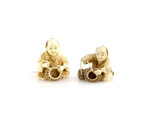 A pair of ivory netsuke; each one carved as a basket worker, 20th Century (2)Provenance: The Property of a Lady. From a Priva
