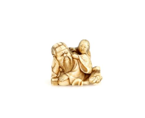 An ivory netsuke carved as a girl cleaning the ear of a seated bearded figure, 19th or 20th CenturyProvenance: The Property o