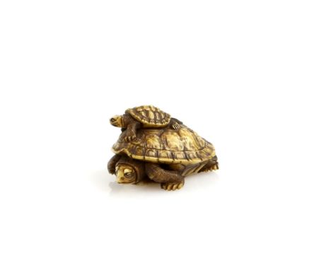 A stained ivory netsuke of a large tortoise with a young tortoise on its back; signed ShuichiProvenance: The Property of a La