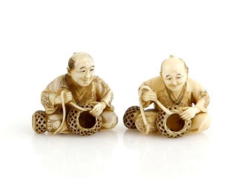A pair of ivory netsuke of basket workers, 20th Century (2)Provenance: The Property of a Lady. From a Private Collection acqu