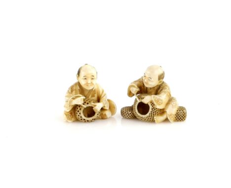 A pair of ivory netsuke of basket workers, 20th Century (2)Provenance: The Property of a Lady. From a Private Collection acqu