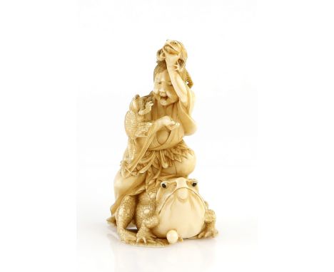 A stained ivory netsuke of Gamma Sennin with his magical toads, 10.5 cm high, late 19th or 20th CenturyProvenance: The Proper