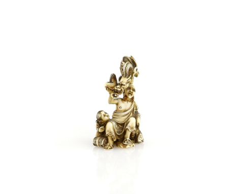 An ivory netsuke of the Arhat, Handaka Sonja, holding aloft the bowl and dragon,  signed MitsumasaFor a similar iconography o