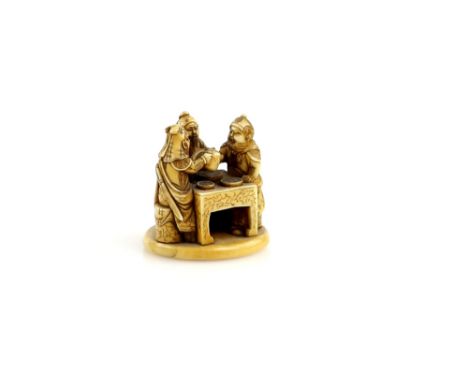 A stained ivory netsuke with single himotoshi, carved as The Three Sake Tasters in a parody of The Buddha, Confucius and Laoz