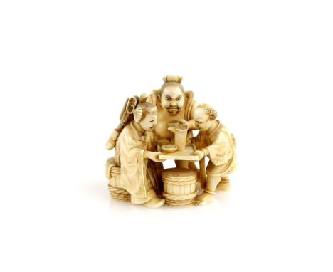 A small ivory okimono or netsuke carved as a Temple Nio and an Archer being served by an Oni or other mythological character,