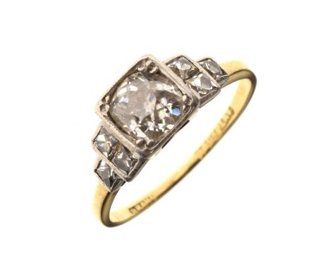 Art Deco diamond 18ct yellow gold and platinum set three stone ring, the principal old round cut diamond weighing approx 0.60