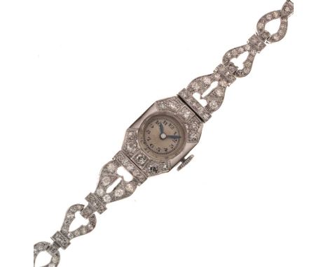 Lady's Art Deco platinum and diamond-set cocktail watch, the silvered Arabic dial with blued steel hands, unmarked manual-win