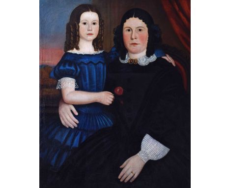 Folk Art - British Naïve School, 19th century - Oil on canvas - Portrait of a mother and daughter, seated before a red curtai