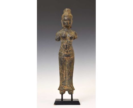 Cambodian Baphuon style carved brown sandstone figure of Uma, consort of Shiva, Angkor Wat type, probably Khmer Empire period