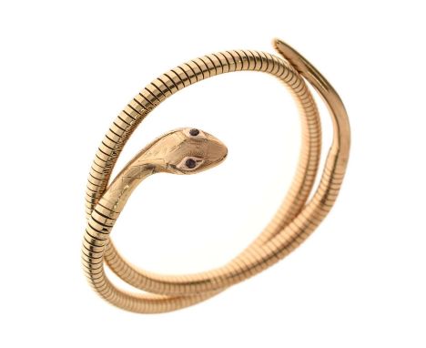 9ct gold and steel spring snake bracelet having faceted ruby eyes, 30g gross approx