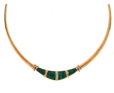Synthetic opal and diamond 14ct yellow gold collar necklace, four tapered synthetic black opal panels, flush set, sixteen sma