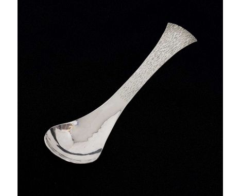 Modernist silver ladle or spoon with lightly hammered bowl and bark effect finish to the handle, sponsor's mark of Graham Wat