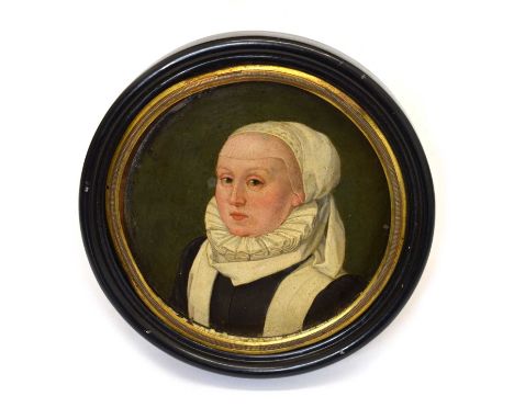 17th century Dutch School - Oil on copper - Portrait of a young lady wearing a ruff and headscarf, unsigned, 10cm diameter (t