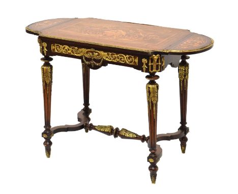 19th century French marquetry and gilt metal mounted centre table, the rectangular cartouche-shaped top inlaid with tambourin