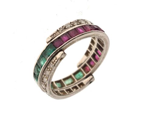 Art Deco 'day and night' emerald, ruby and diamond white metal ring, size N approx, unmarked, 5g gross approx