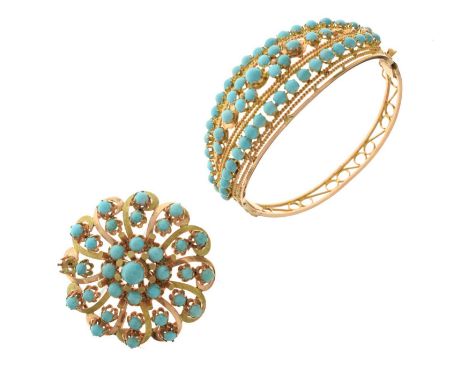 Turquoise hinged bangle, fifty-five round cabochon cut turquoise, claw set, rope twist detailing, the head measuring approx 7