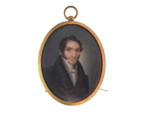 Mid 19th century Italian oval portrait miniature on ivory, bust length portrait of a gentleman in black overcoat, inscribed '